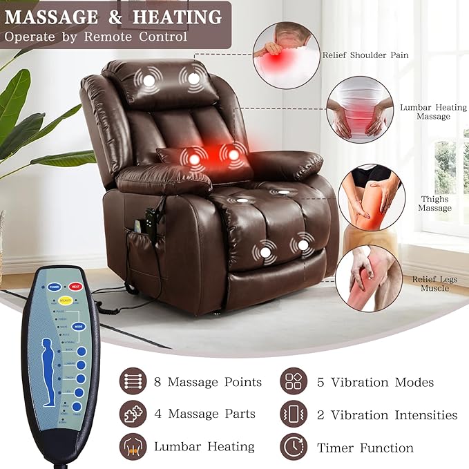 Infinite Position Lay Flat Lift Recliner Chair for Adults Dual Motor Power Lift Chair for Elderly with Massage &amp Heating Extended Footrest USB Ports Remote Control &amp Lumbar Pillow Leather