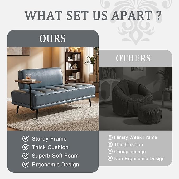 55 Faux Leather Upholstered Sofa Entryway Ottoman Modern End of Bed Bench with Side Table 360-degree Swivel Tray Couch Window Bench with Metal Legs for Bedroom Living Room (Grey)