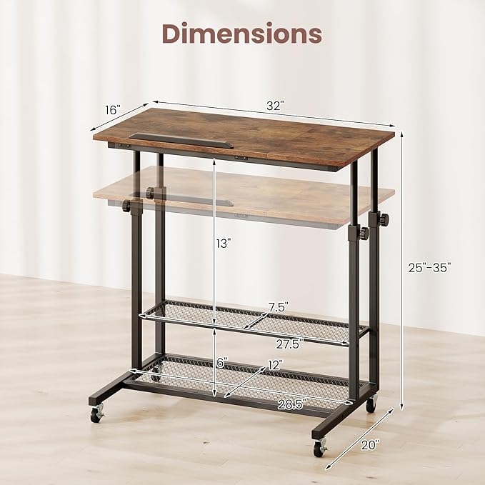 Tangkula Mobile Computer Desk Cart Height Adjustable Rolling Laptop PC Desk with Tilting Tabletop &amp Storage Shelves Small Compact Desk on Wheels for Small Space Living Room &amp Bedroom (Rusti