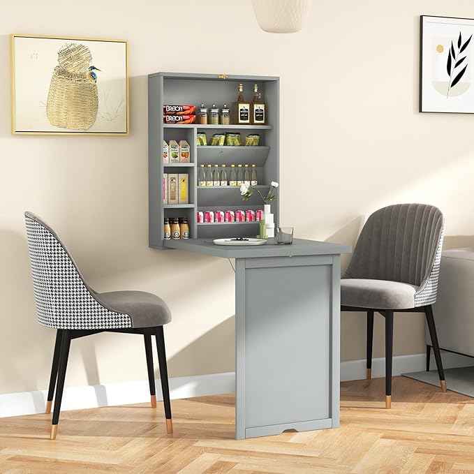 GOFLAME Wall Mounted Folding Desk with 3-Tier Tilt Storage Partition and Adjustable Shelves Space-Saving Convertible Writing Desk for Home Office Gray