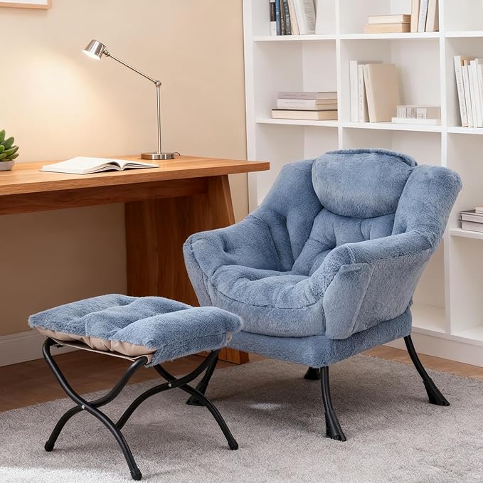 Welnow Lazy Chair with Ottoman Modern Accent Chair with Armrests and a Side Pocket Leisure Sofa Armchair Set Reading Armchair with Footrest for Small Space Plush Light Blue