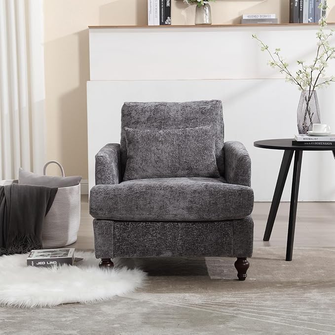 Upholstered Living Room Chair Chenille Accent Chair Single Sofa with Cushion &amp Solid Wood Frame Mid Century Modern Armchair for Bedroom Office