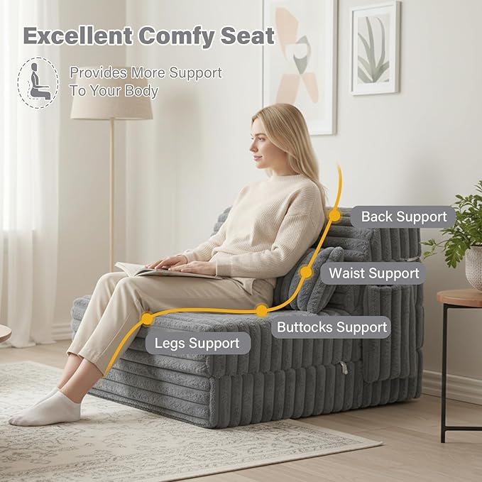 Tiita Folding Sofa Bed Twin Size Convertible Sleeper Chair Mattress with Pillow Thick Corduroy Floor Mattress Couch Bed with Side Pocket Guest Room Dorm Apartment Grey