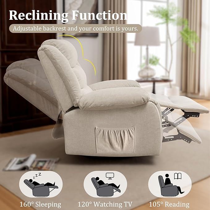 Recliner Chair Wide Rocker Chair Rocking Chair with Massage and Heat360°Swivel Nursery Rocking Chairs Oversized Recliner for Adults Cashmere Reclining Sofa for Living Room Beige
