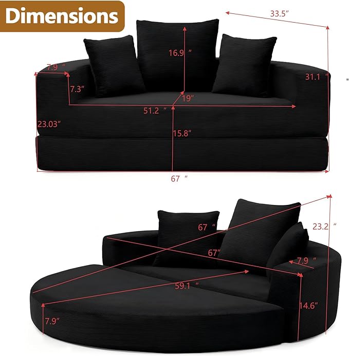 67” Foldable Couch Bed Corduroy Round Floor Couch with 3 Comfy Pillows 2 in 1 Convertible Sofa Bed for Living Room Apartment 380 LBS Capacity No Assembly (Black)