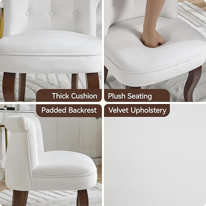 Velvet Vanity Chair with Back Tufted Upholstered Vanity Stool with Solid Wood Legs Mid Century Small Makeup Chair for Vanity Accent Chair for Bedroom Living Room White
