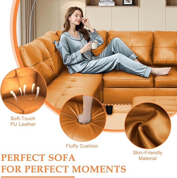 Wakefit Sectional Sofa Couch Modern 4-Seaters Living Room Furniture Sets with Chaise Lounge Ottoman &amp 2 Pillows | L Shape Couch | Cup Holder | Faux PU Leather Ginger