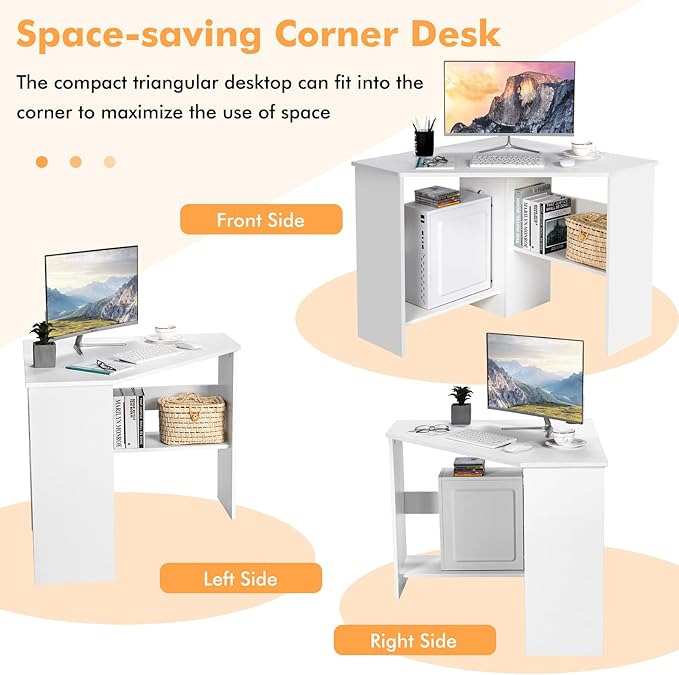 COSTWAY Corner Computer Desk Space-Saving Triangular Writing Desk w/ 2 Storage Shelves &amp 2 Cable Holes Multi-Functional Console Table for Small Space in Home Office Living Room Bedroom (White)