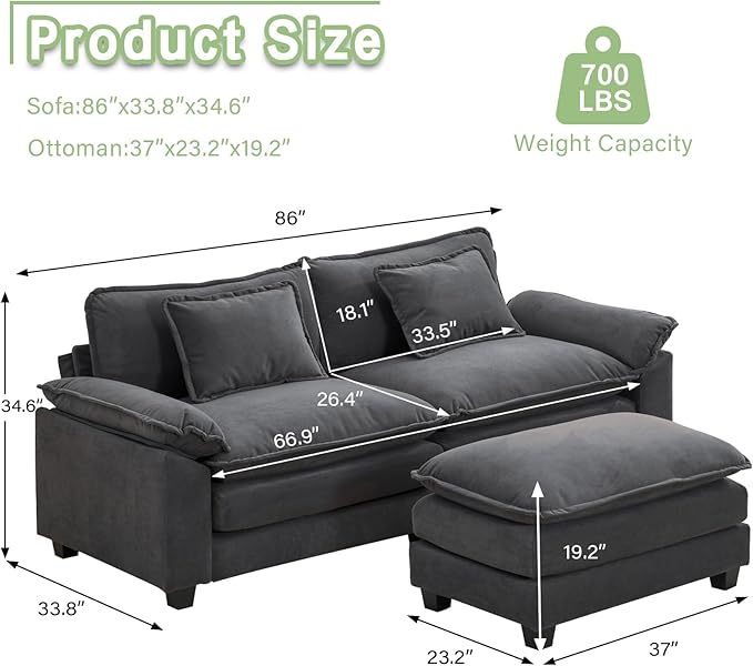 Sectional Sofa Comfy Cloud Couch for Living Room with Pillows Modern Velvet Sofa Sleeper Deep Couches with Ottoman (Grey 3-Seat)