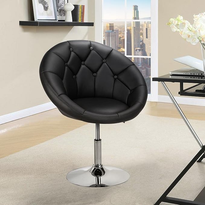 Yaheetech Adjustable Vanity Chair with Round Tufted Back Swivel Leather Salon Chair for Bedroom Living Room Office Black