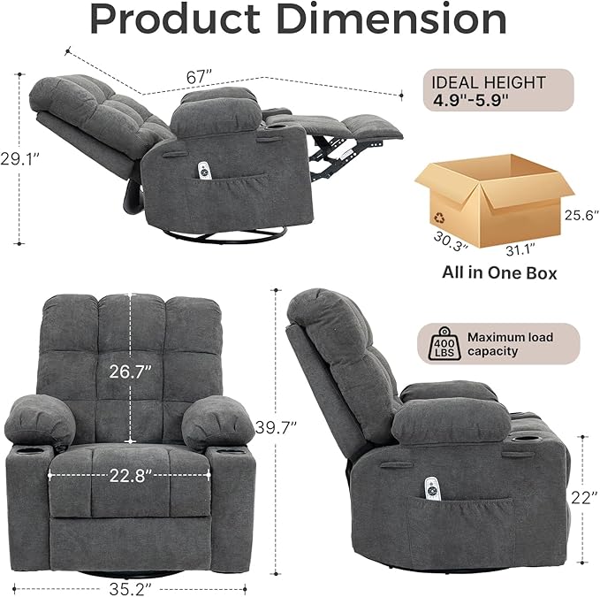 Massage Rocker Recliner Chair with Heat Oversized 360° Swivel Glider Manual Comfy Overstuffed Single Sofa with Cup Holders Side Pocket for Bedroom Living Room (Dark Gray)
