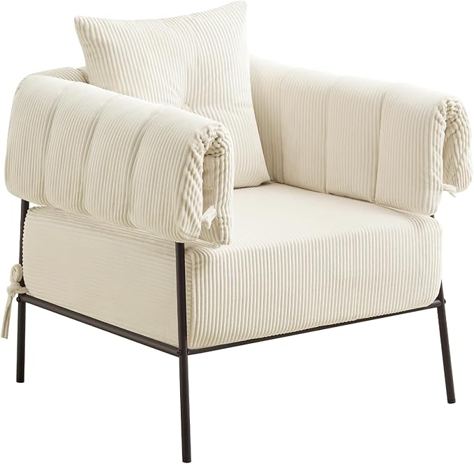 Furniliving Modern Accent Chairs Comfy Chairs with Pillow Lounge Chair Reading Chair for Living Room Upholstered Bedroom Arm Chair with Metal Frame Armchair Soft Cushion Corduroy Beige