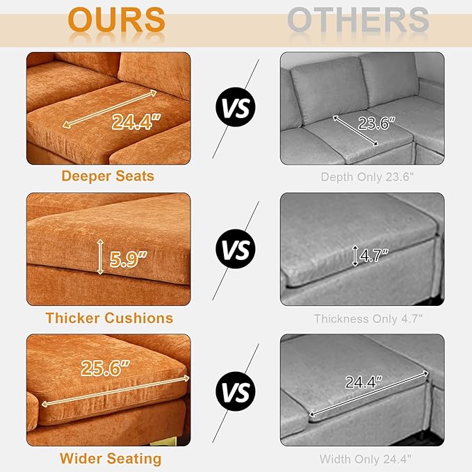 VINGLI 110 Sectional Couches for Living RoomU Shape Couch with Double Chaise 4-Seat Sofa Set with Chenille Fabric for Home FurnitureBurnt Orange
