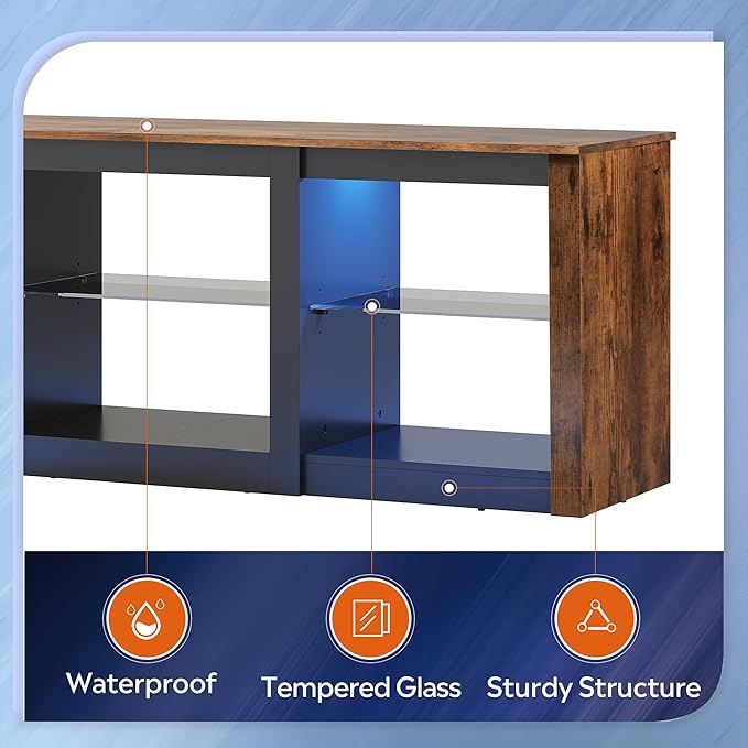 WLIVE Modern LED TV Stand for 65 70 Inch TV 58 Entertainment Center with Adjustable Glass Shelves &amp RGB Lights Wood Media Console Table for Living Room Bedroom Gaming Room Rustic Brown
