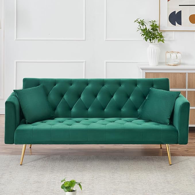 71 Modern Velvet Sofa Bed Futon Convertible Sleeper Couch with Adjustable Backrest Tufted Recliner Loveseat with Golden Chrome Legs &amp 2 Pillows for Small Spaces Living Room Apartment (Green)