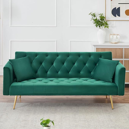 71 Modern Velvet Sofa Bed Futon Convertible Sleeper Couch with Adjustable Backrest Tufted Recliner Loveseat with Golden Chrome Legs &amp 2 Pillows for Small Spaces Living Room Apartment (Green)