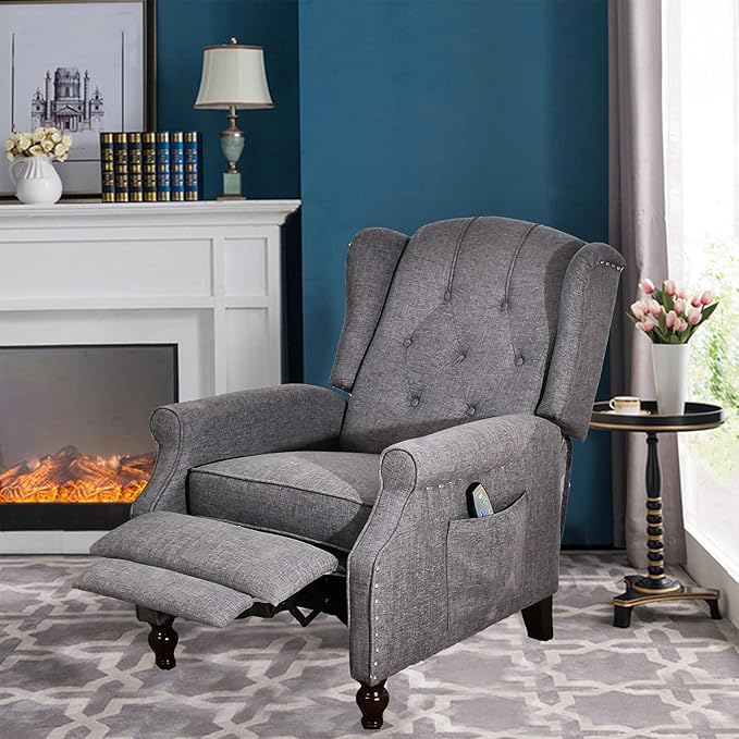 SAMERY Wingback Recliner Chair with Massage and Heat Accent Chair Push Back Recliner Tufted Arm Chair for Living Room Bedroom Reading Lounge Sofa Seat with Remote Control Adjustable Backrest
