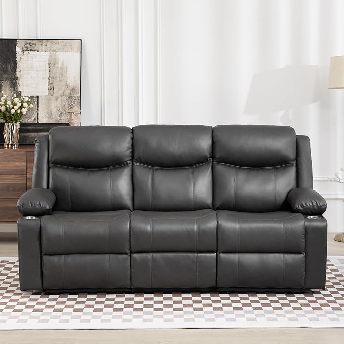 Manual Reclining Sofa - 3 Seat Recliner Sofa with Heat &amp Massage Function Wall-Hugger Reclining Sofa for Living Room (Grey)