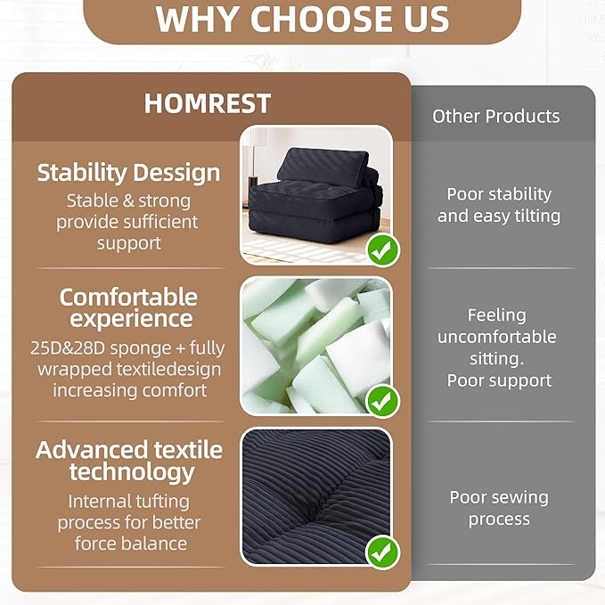 HOMREST Folding Sofa Bed Convertible Sleeping Chair with Backrest Support and Soft Corduroy FabricFold Couch Bed with Pillow for Small Spaces/Living Room/Bedroom/Apartment Single SizeBlack