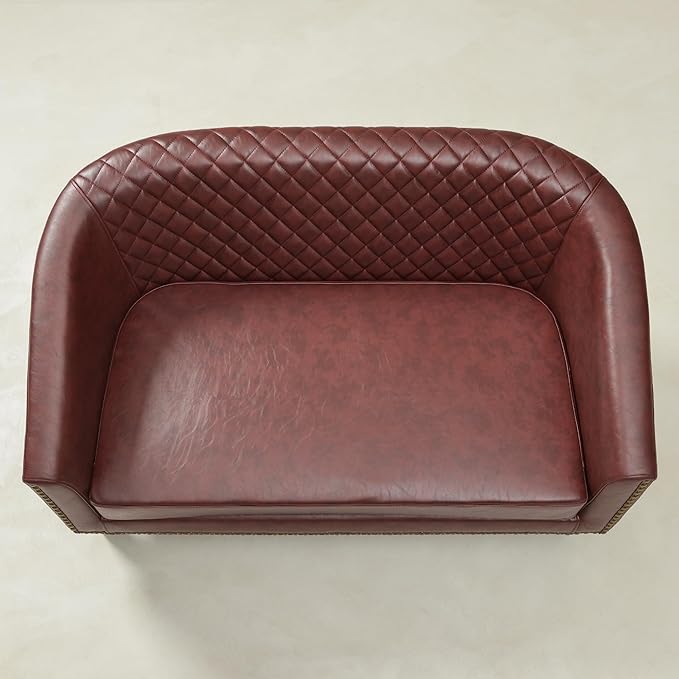 KINWELL 50 Faux Leather Upholstered Loveseat Sofa with 2 Swivel Barrel Accent Chairs Minimalist Comfy 2-Seater Couch and Armchair for Small Spaces Apartment Red