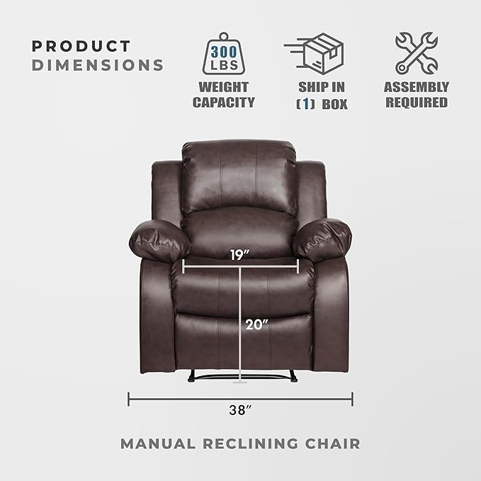 Lexicon Humphreys Faux Leather Wall Hugger Recliner Chair for Living Room Office RV - High-Density Foam Sturdy Solid Wood Frame - Chairs Living Room Recliners for Small Spaces - Brown