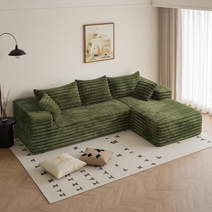 103” Sectional Couch for Living Room Modular Deep Seat L-Shaped Corduroy Sofa No Assembly Plush Wide Fabric Green with Right Facing Chaise