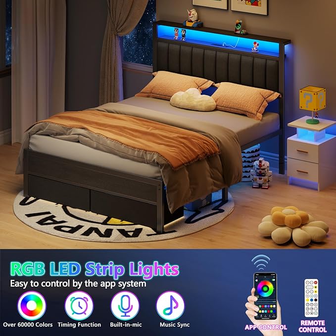 Furnulem Queen Bed Frame with Charging Station and LED Lights Grey Upholstered Headboard with Shelves Metal Platform Bed with 2 Under-Bed Storage (Fabric Drawer on Wheels) No Box Spring Needed