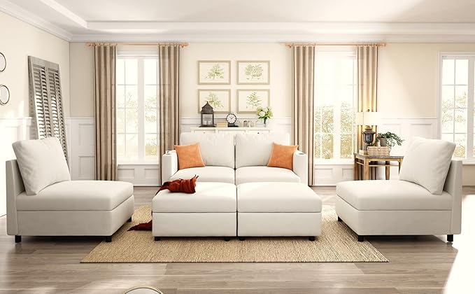 kevinplus 123'' Modular Sectional Sofa Couch with Storage Space &amp Ottoman for Living Room Modern Upholstered U-Shape Sectional Sofa Couch 4-Seat Free Combination Chenille Fabric Antique White