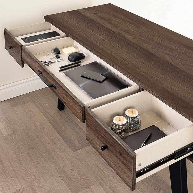 Pemberly Row Computer Desk with Power Bar Natural Walnut Finish Melamine Top Scratch and Water Resistant Scandinavian Style Home Office Desk with Deep Drawers and USB Outlets