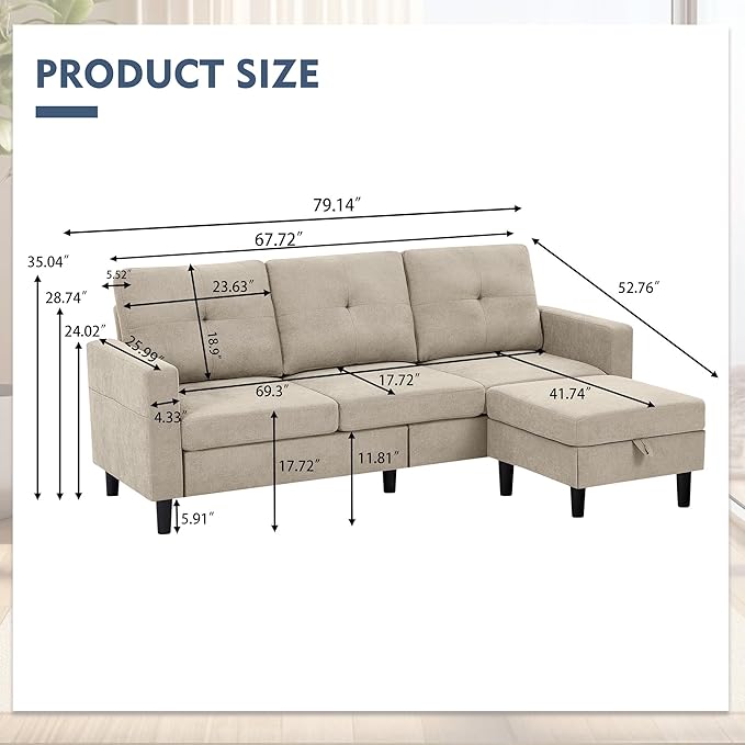 79 Convertible Sectional Sofa Small L Shaped 3 Seat Couch with Storage Chaise and Side Pocket Modern Linen Fabric Reversible Sofa Couches for Living Room Apartment and Small Space