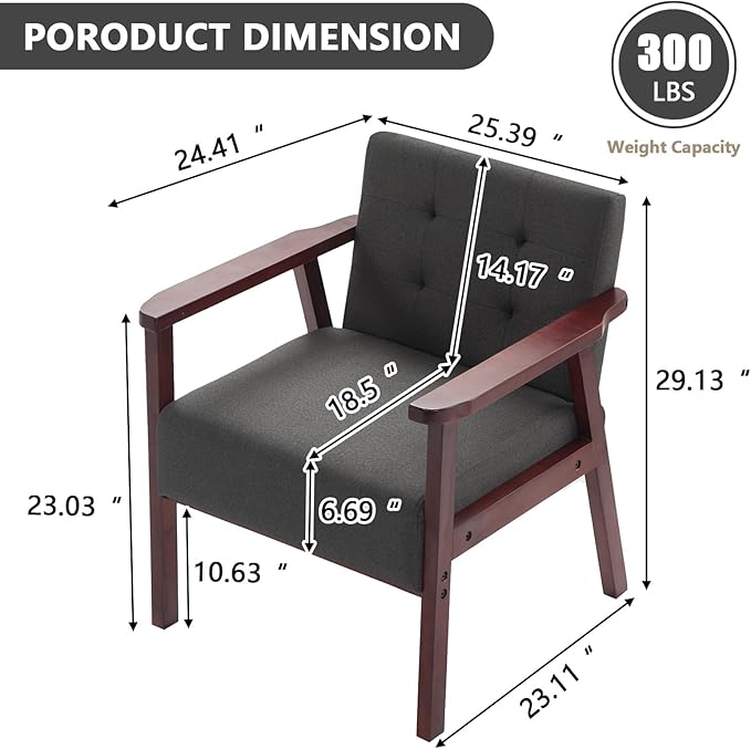 Mid-Century Accent ChairModern Fabric Living Room Chairs with Solid Wood FrameComfy Armchair Lounge Reading Chairs for Bedroom Office Small Spaces (Grey-Fabric)