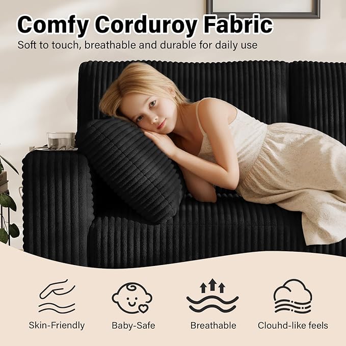 OUYESSIR 80 Loveseat Sofa for Living RoomModern Sofa with USB Charging Ports &amp Cup HoldersComfy Corduroy Couch with Upholstered Cushion3 Seater Deep Seat Couch for Small SpaceBedroom Black