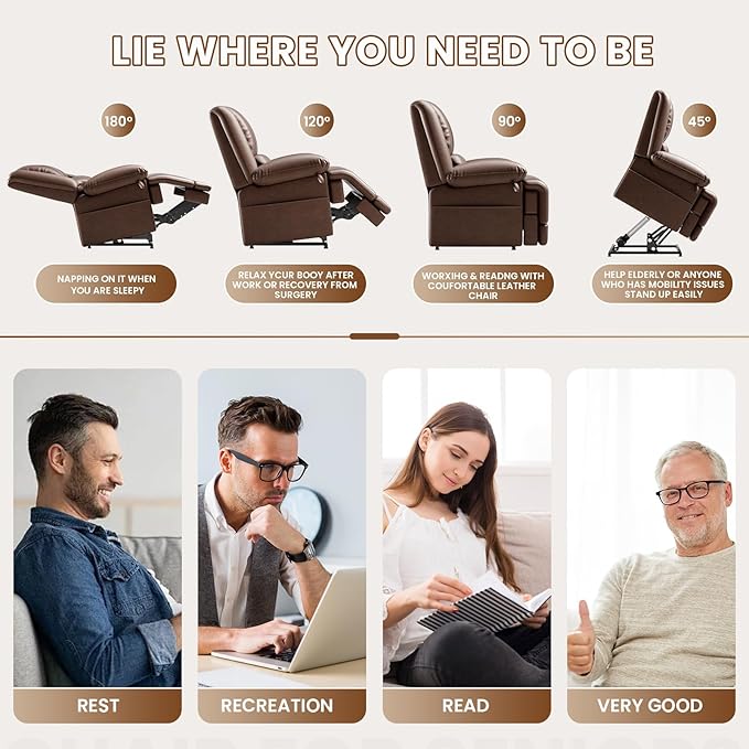 Large Dual Motor Power Lift Recliner Chair with Massage and Heat for Elderly People Infinite PositionUSB Ports and Remote ControlBreathable Leather (Red Brown)