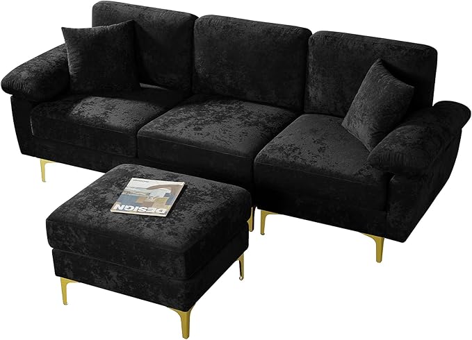 L Shaped Sectional Sofa Couch 91 Comfy Velvet Upholstered 3 Seat Sofa Set with Convertible Ottoman &amp 2 Pillows Modern Deep Seat Cloud Couch for Living Room Apartment Black