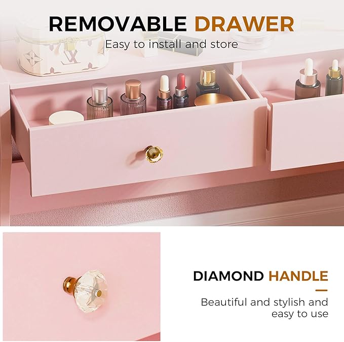 COMHOMA Makeup Vanity Desk with Mirror and Lights Vanity Table and Chair Set with 5 Drawers and Charging Station Bedroom Dresser LED Mirror Stepless Dimmable &amp 3 Color Modes Adjustable Pink