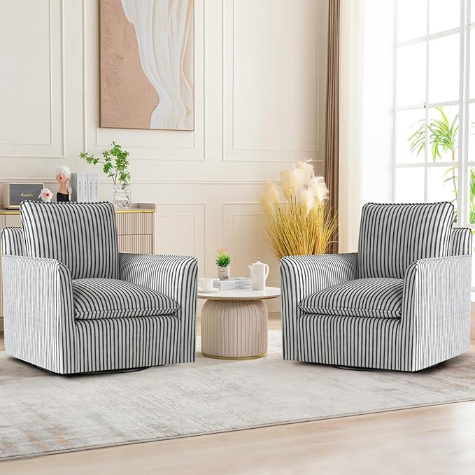 Bonzy Home 34 Swivel Accent Chair Set of 2Wide Upholstered Square Chair with Thick Padded Backrest Cushion Swivel Reading Chair for Living Room Bedroom Small Spaces Blue Stripe