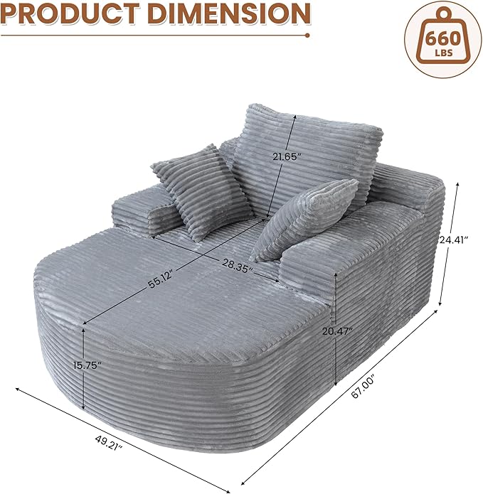 Luxury Oversized D-Shape Couch Corduroy Recliner Sofa Chair No Assembly Required 67 Zero Gravity Lounge Chair Deep Seat for Living Room Bedroom Includes 3 Pillows Gray