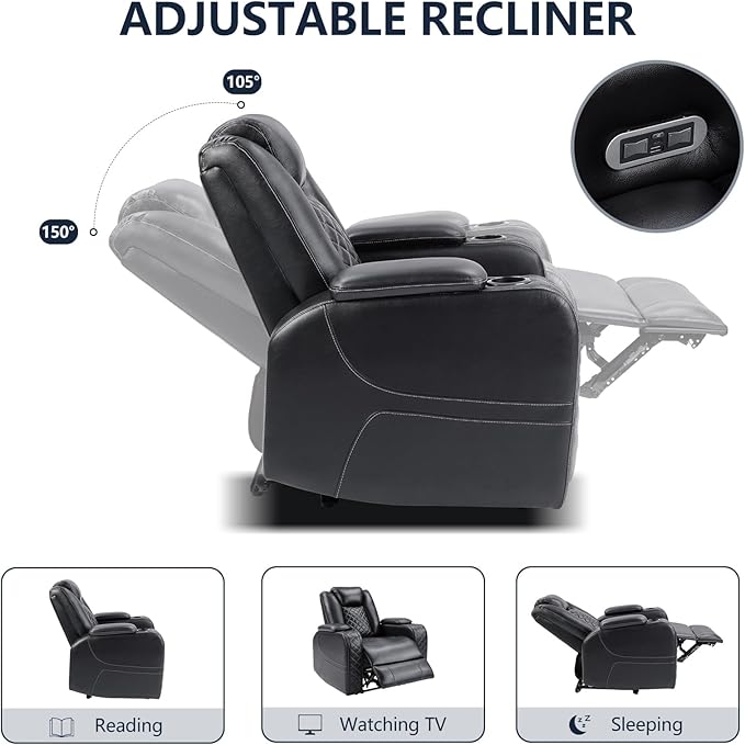 CANMOV Electric Power Recliner Chair Set of 2 with USB/Type-C Ports and Ambient LightingBreathable Faux Leather Home Theater Seating with Adjustable HeadrestCup HoldersHidden Arm StorageBlack