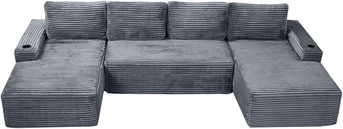 Oversized U Shaped Sectional Couch 133.5 Boneless Cloud Couches for Living Room Corduroy Comfort Modular Deep Seat Sofa with Chaise Cup Holders &amp Storage Pocket No Assembly Grey