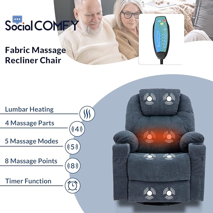 Manual 360° Swivel Rocker Recliner Chair Ergonomic Fabric Lounge Sofa Chair Glider Rocking Heated Massage Chair with Side Pockets 2 Cup Holders &amp USB Ports for Living Room Bluish Grey