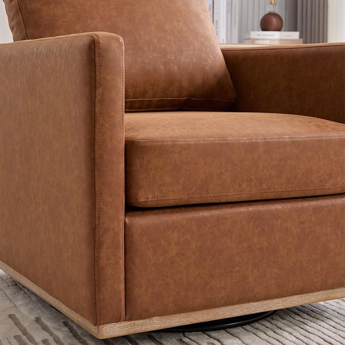 360° Swivel Accent Chair Square Modern Comfy Chair with Metal Base &amp Thicked Cushion Upholstered Lounge Reading Armchair Cozy Cloud Sofa Chairs for Living Room Bedroom Office Club(PU Brown)