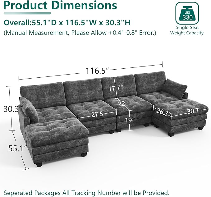 Modular Sectional U Shaped Sofa Couches for Living Room Cloud Couch with Movable Ottoman Comfy Chenille Sofa with Pillow for Bedroom and ApartmentDark Gray-Tufted