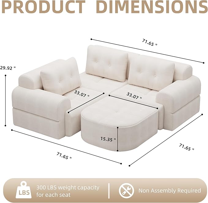 Boneless L-Shaped Modular Couch - 110 Inch Cloud Chenille Compression Sectional SofaNo Assembly Required Ideal for Apartments &amp Living RoomsBeige White