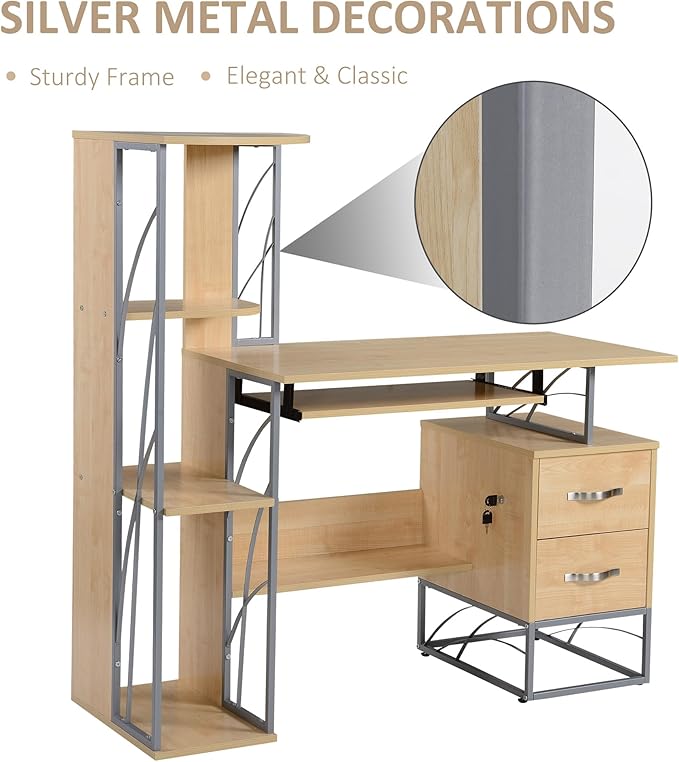 Modern Computer Desk with 4 Tier Bookshelf Home Office Writing Table Workstation with Tower Storage Shelves Keyboard Tray Lockable Drawers Natural