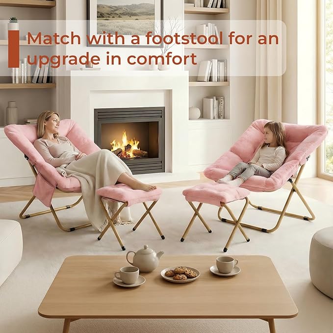 TLSUNNY Comfy Saucer Chair Foldable Lounge Lazy Chair with Ottoman Soft Faux Fur Reading Chair and Footstool for Teens Adults Metal Frame Moon Chair for Living Room Bedroom Dorms X-Large (Pink)