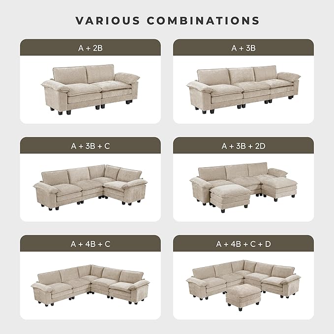 Lexicon Modular Sectional Sofa Module for Sectional Couch 2 Arms with Adjustable Pillow Top Set Left and Right Sofa Arm Soft Upholstery Durable Frame Customizable Comfort Chenille Light Taupe