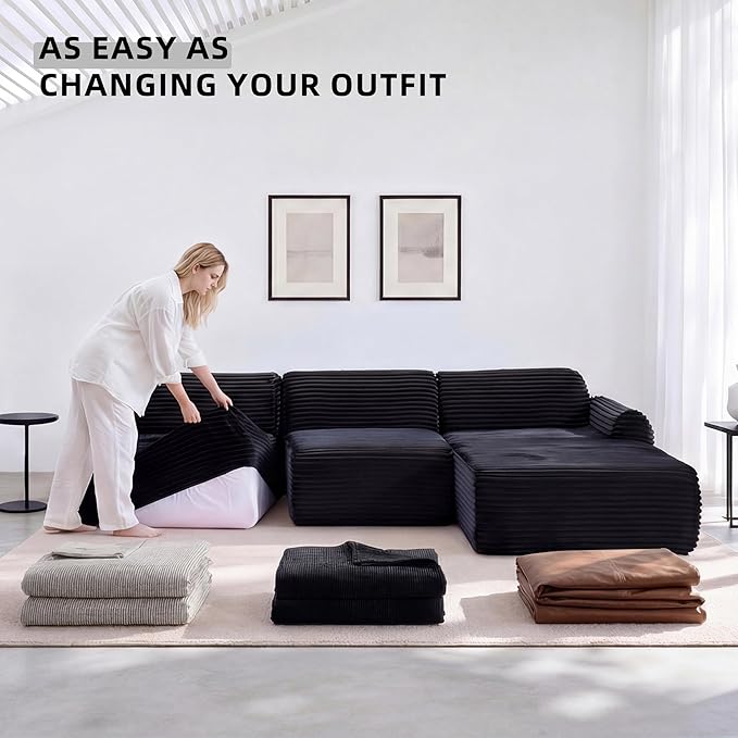 105”Cloud Couch Sectional Sofa Modular Boneless Sofa for Living Room and Apartments Deep Seat Corduroy L Shape Couch with Removable Washable Covers (Black 3 Seater+Right Facing Chaise)