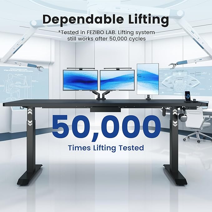 FEZIBO 63 x 37 Inch Standing Desk with Integrated Dual-Beam Height Adjustable Computer Desk Sit Stand Desk for Home Office Workstation 1 Thick Large 3-Piece Desktop Black
