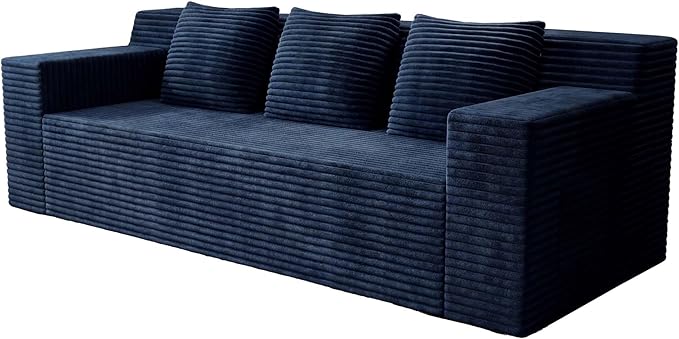 71 Small Boneless Couch Corduroy 3 Seater Couch for Living Room with 3 Pillows &amp Armrests Deep Seat Sofa for Small Spaces Apartment﻿ (Blue) | Small Boneless Couch
