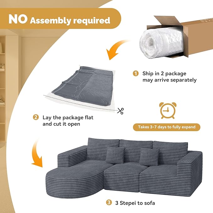 110”Sectional Couches for Living RoomModular l Shaped Cloud CouchBoneless ComfyModern Sofa with ChaiseDeep Seat Convertible Sleeper Sofa BedNo Assembly RequiredGray1pcs